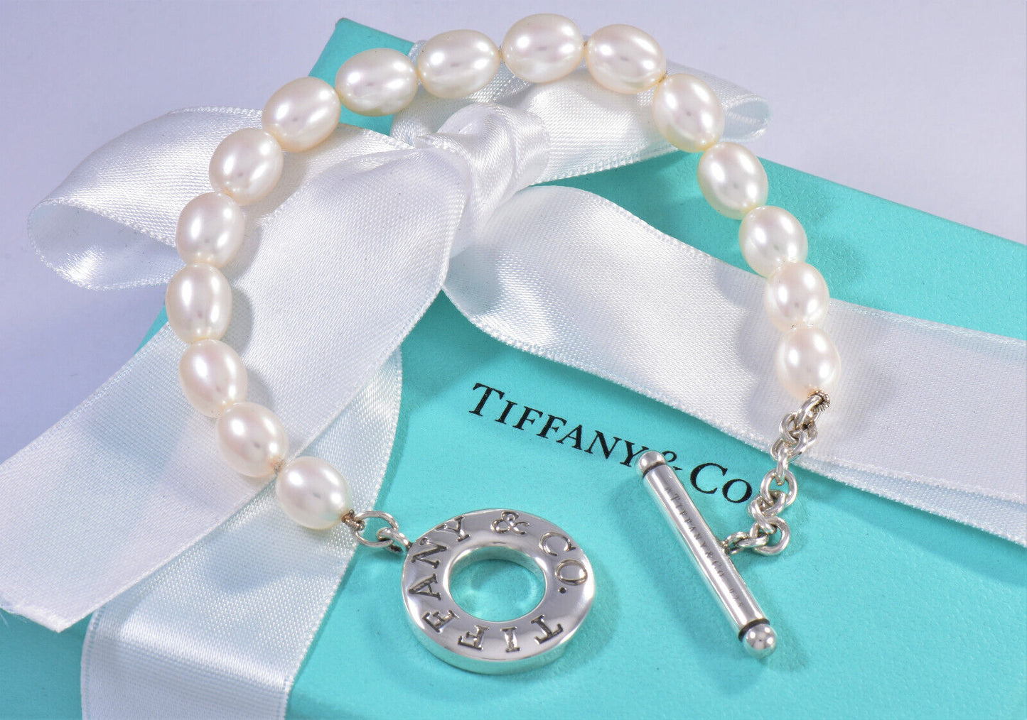 Tiffany & Co Silver Pearl 8mm Bead Toggle Bracelet 7.5" Large in Box Pouch Rare