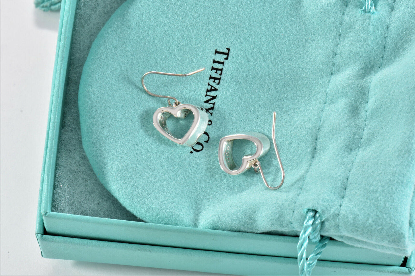 Tiffany & Co Silver Geometric 3D Heart Stencil Dangle Hook Earrings in Pouch