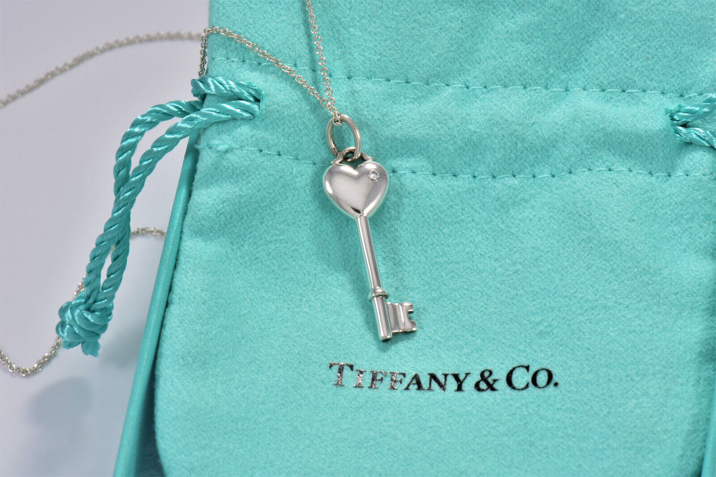 Tiffany & Co Diamond Silver Heart Key Pendant 18" Chain Necklace in Pouch Rare