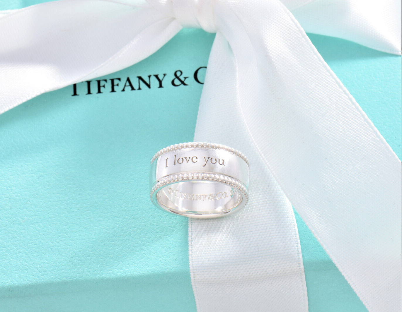 Tiffany & Co Sterling Silver I Love You Bead Edge Ring Size 7 in Pouch Yours