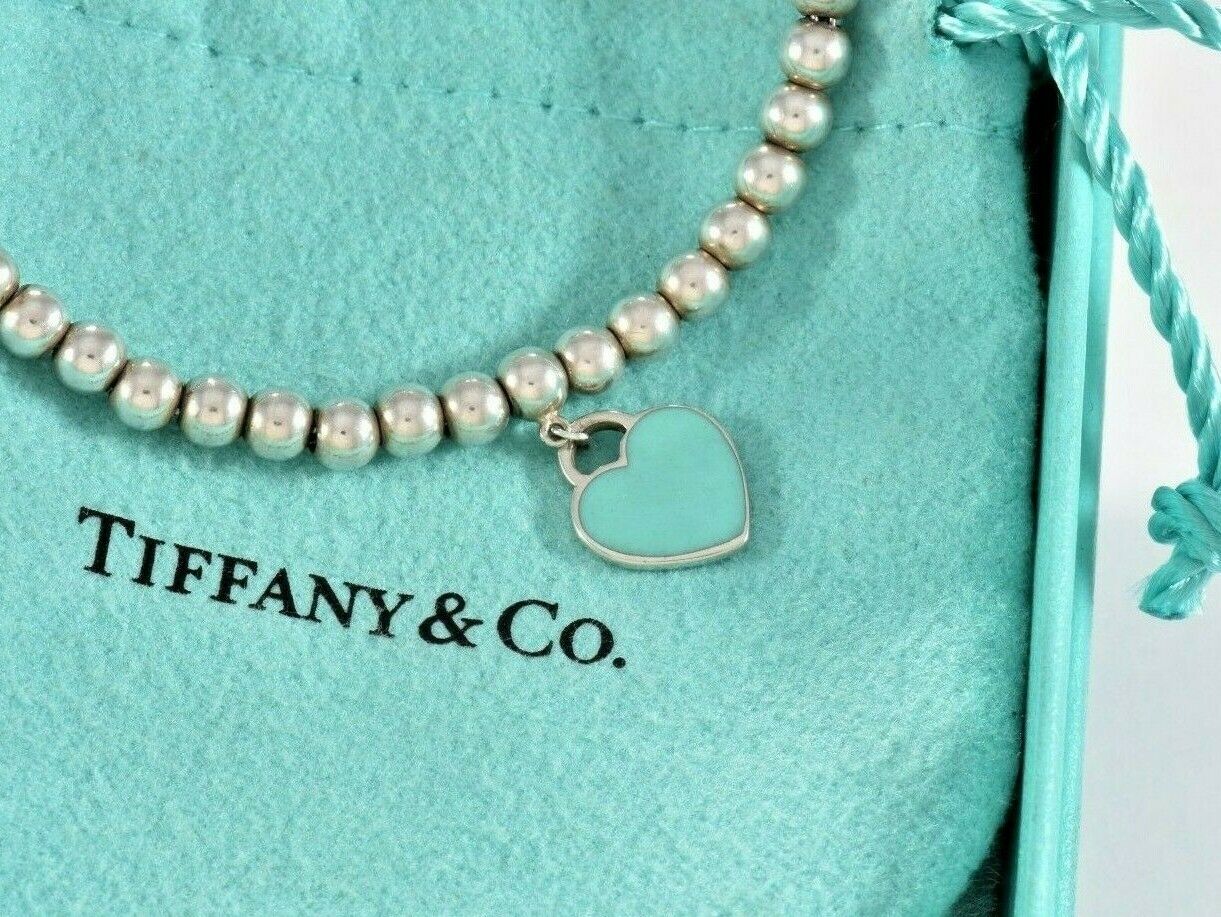 Please Return Tiffany & Co Silver Blue Enamel Heart Charm Bracelet 6.75" & Pouch