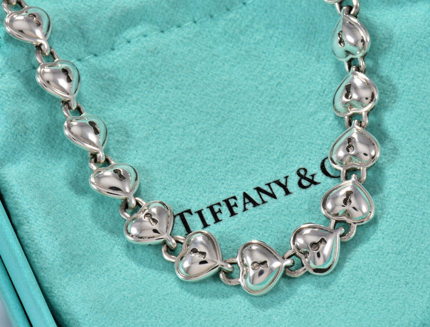 Vintage Tiffany & Co Italy Silver Heart Link Padlock Pendant 16.6" Necklace Lock