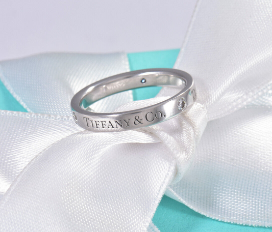 Tiffany & Co Platinum Three Diamond Band 3mm Ring Size 5.5 in Box Pouch Rare