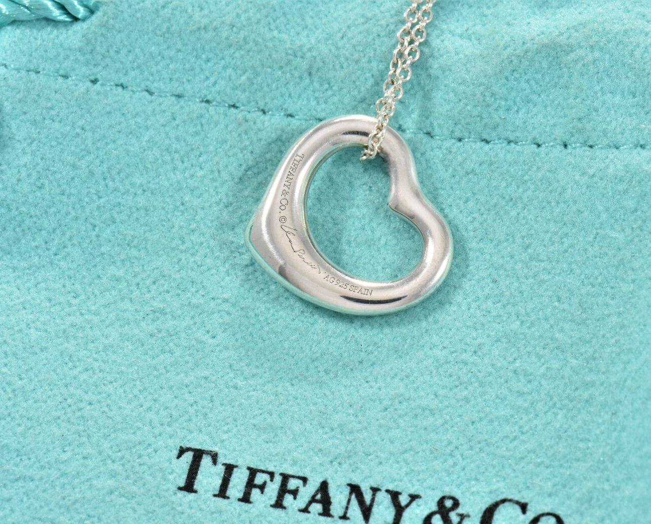 Tiffany & Co Silver Elsa Peretti 16mm Open Heart 16.25" Chain Necklace in Pouch