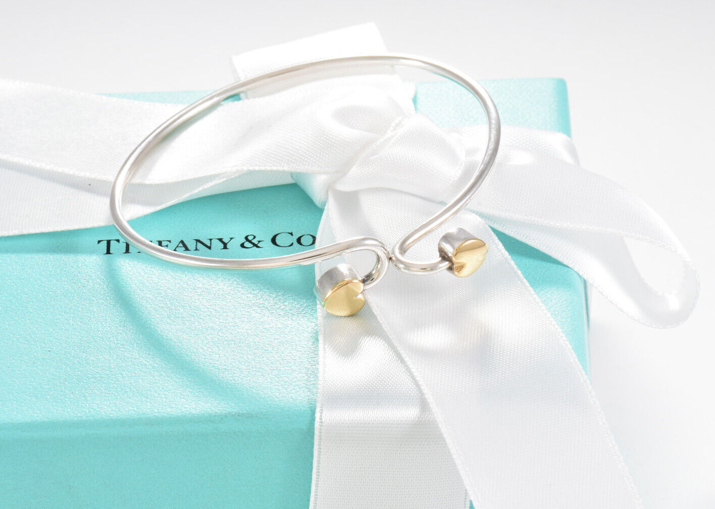 Tiffany & Co 18k Gold Silver Double Heart Hook Bracelet in Box Pouch Bangle Rare