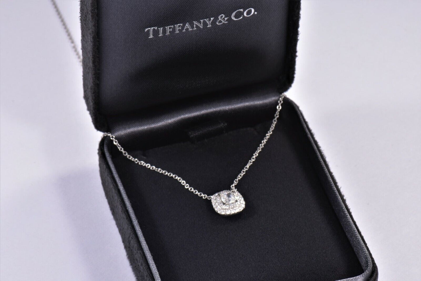 Tiffany & Co Platinum Diamond Soleste Cushion Pave Square Pendant Necklace Boxed