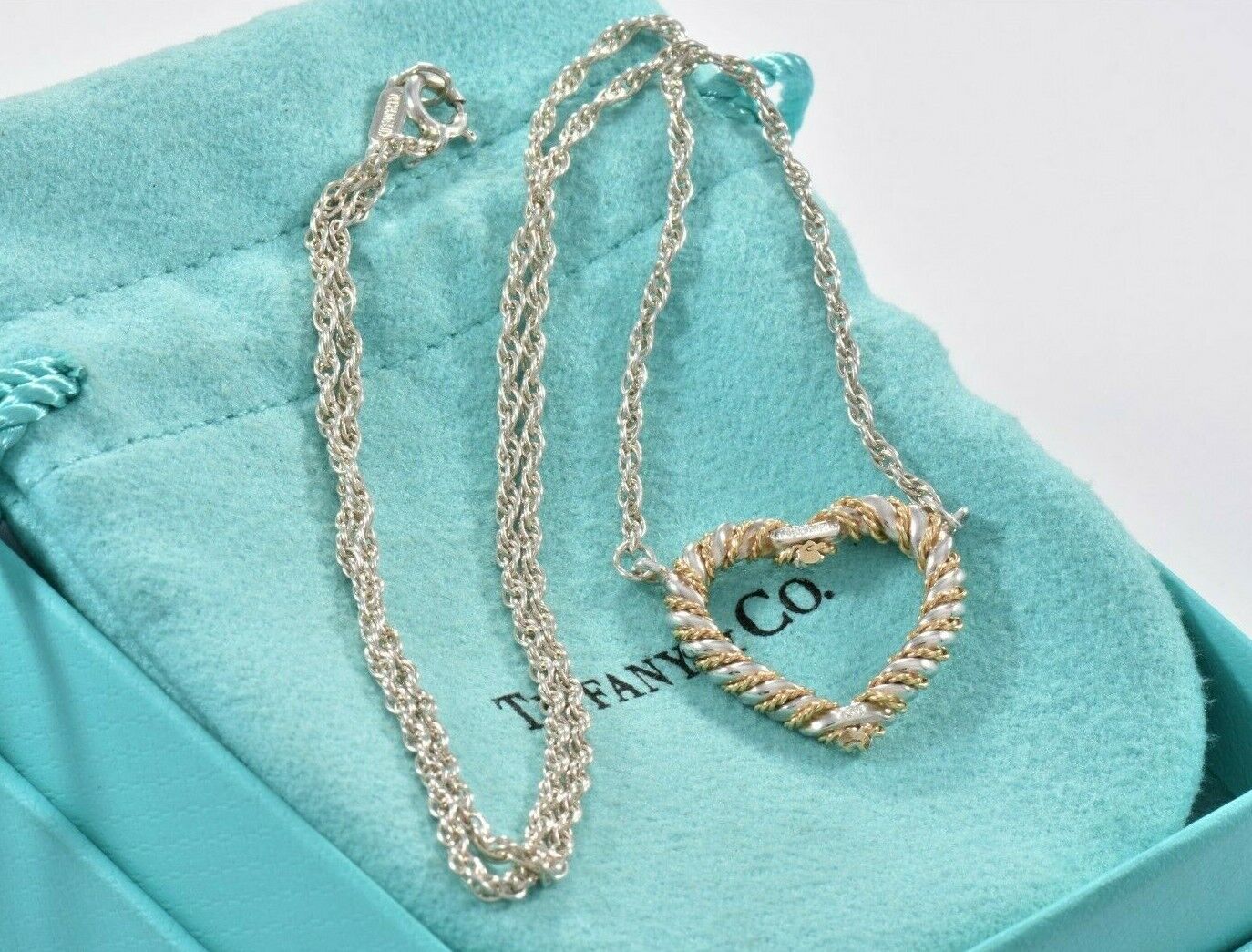 Vintage Tiffany & Co Silver Gold Heart Rope 19" Necklace in Pouch Rare Twist