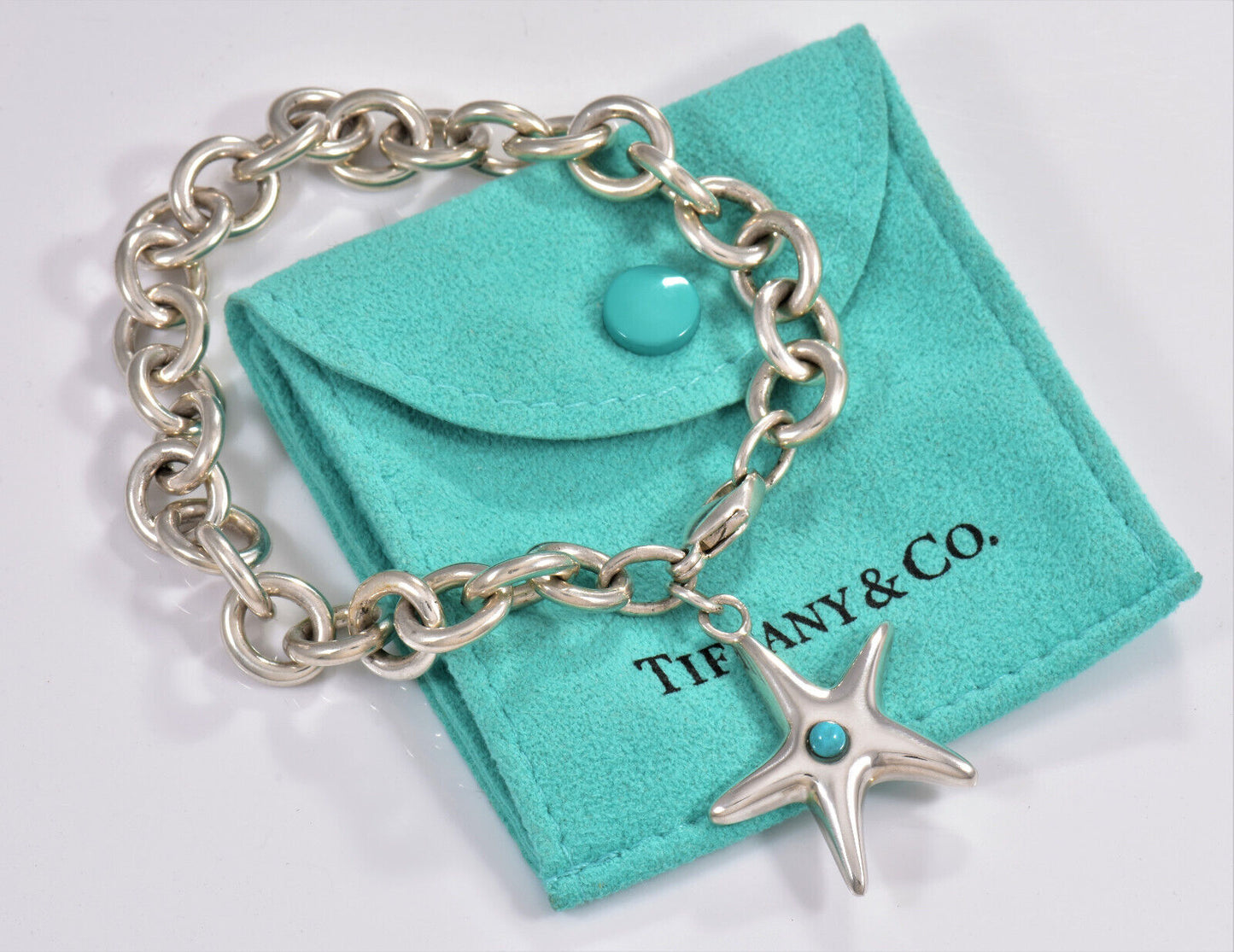 Tiffany & Co Sterling Silver Turquoise Starfish Charm 8" Chain Bracelet Pouch XL