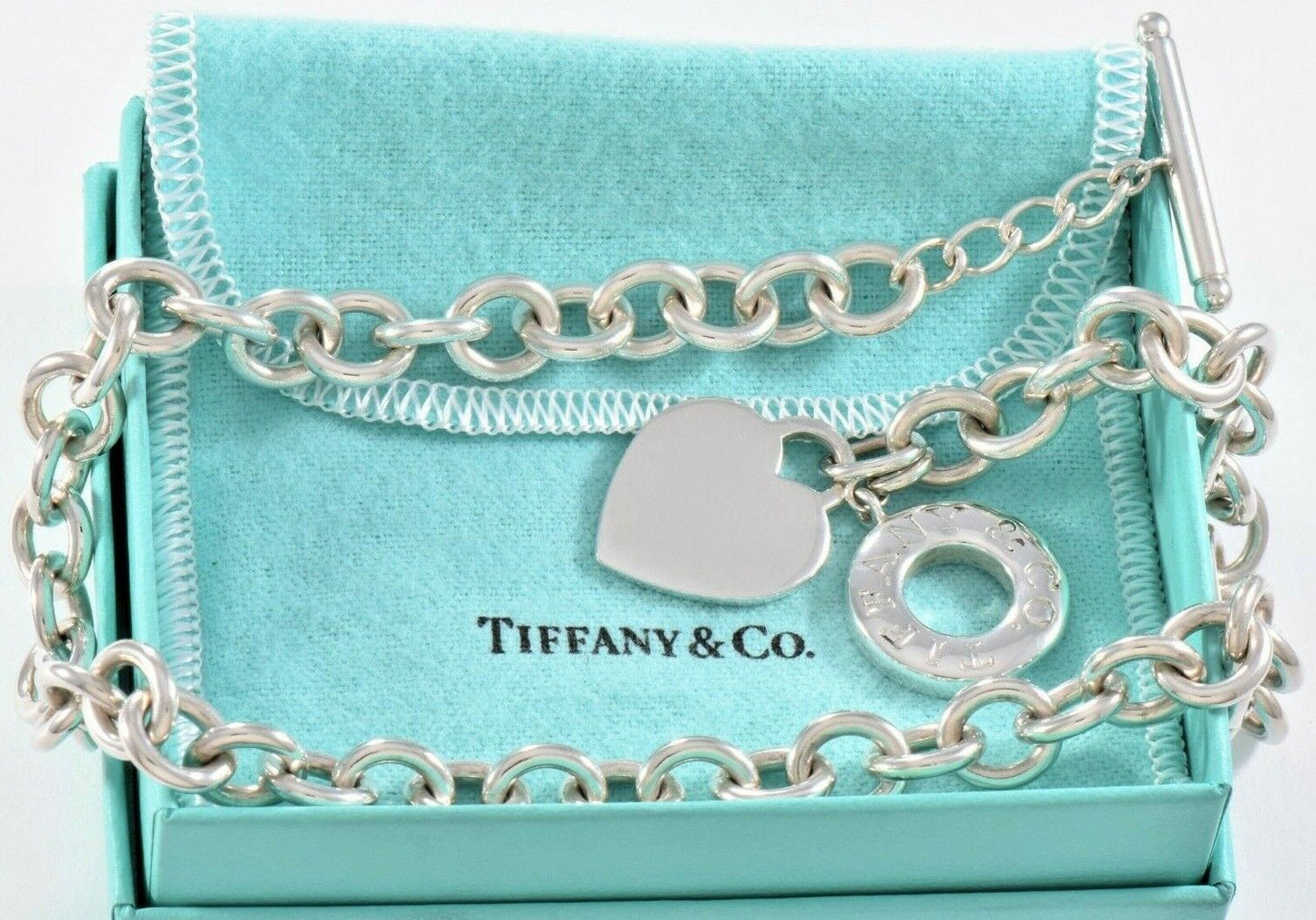 Tiffany & Co Silver Blank Heart Tag Engravable Toggle Chain Necklace 16.5" Pouch