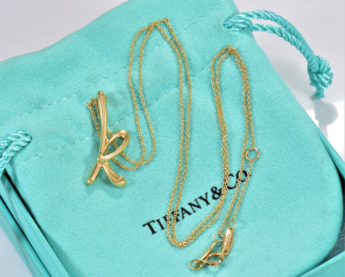 Tiffany & Co 18K Yellow Gold Elsa Peretti Letter K Pendant 21" Necklace in Box