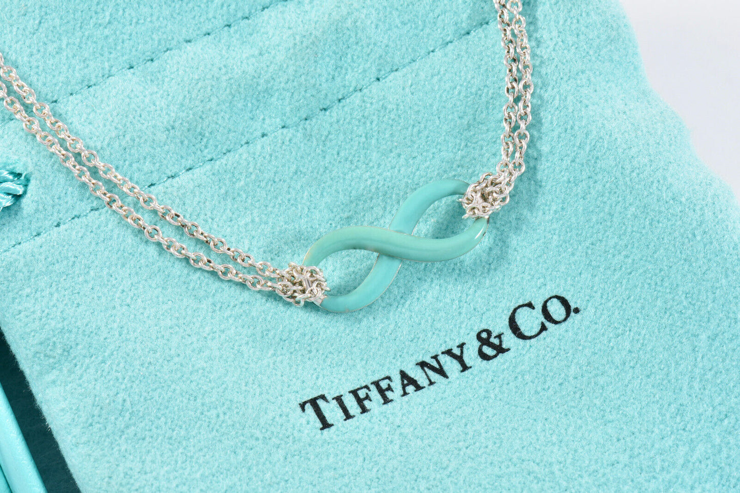 Tiffany & Co Silver Blue Enamel Infinity Pendant 18" Double Chain Necklace Boxed