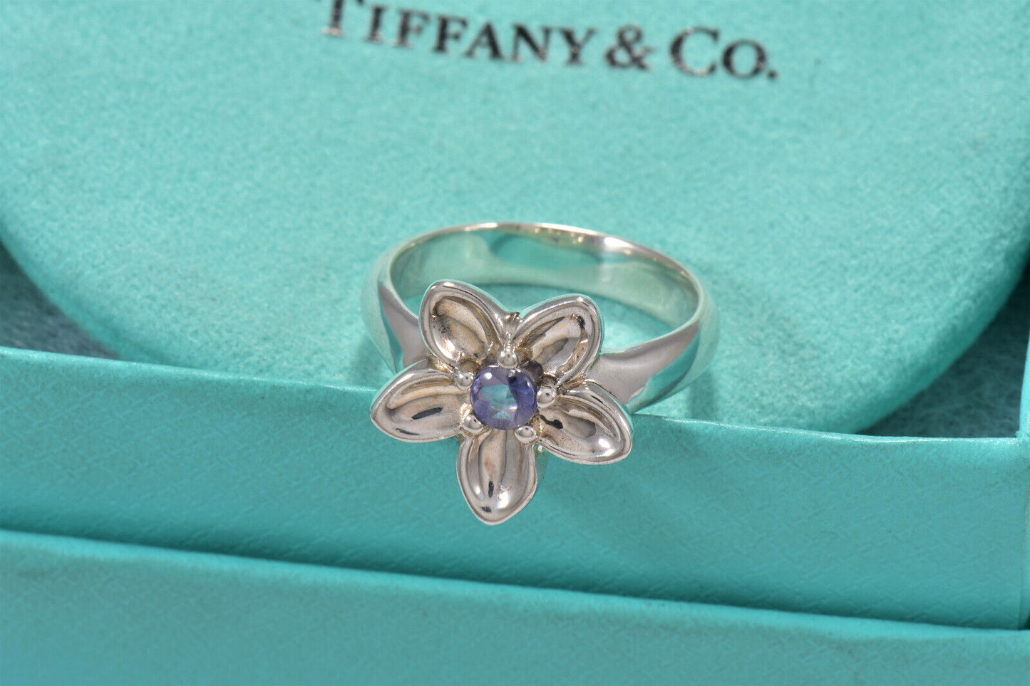 Tiffany & Co Silver Purple Iolite Gem Bead Daisy Flower Lily Blossom Ring Size 8