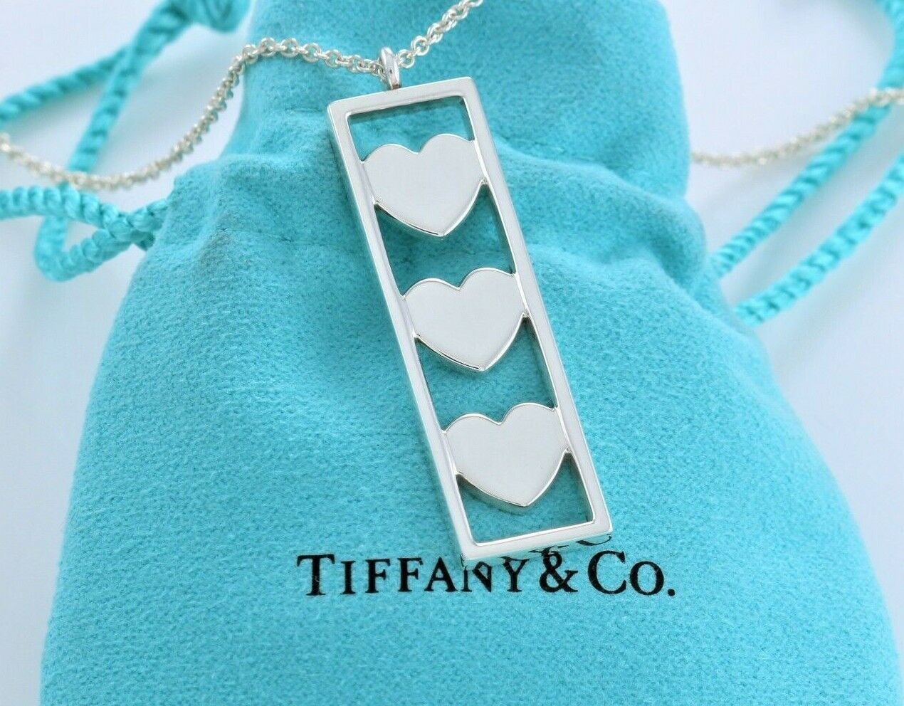 Tiffany & Co Sterling Silver Three Heart Bar Pendant 16" Necklace in Pouch Rare