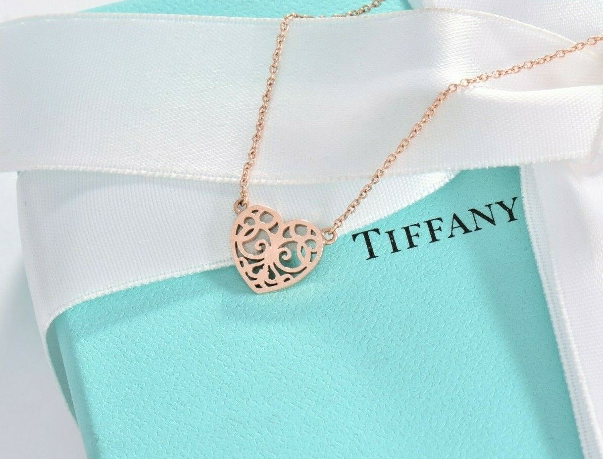 Tiffany & Co Rubedo Gold Metal Enchant Scroll Small Heart 16" Necklace Box Pouch