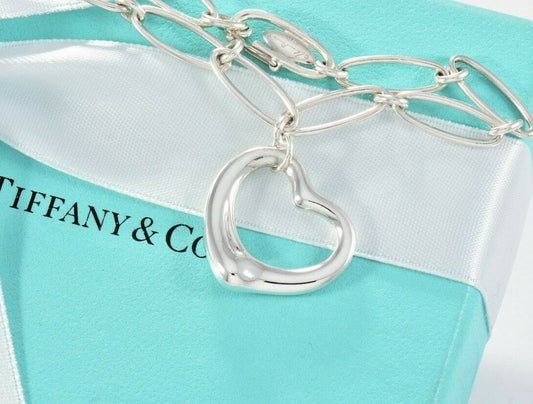 Tiffany & Co Elsa Peretti Silver Open Heart Oval Linked Chain 6" Bracelet Pouch