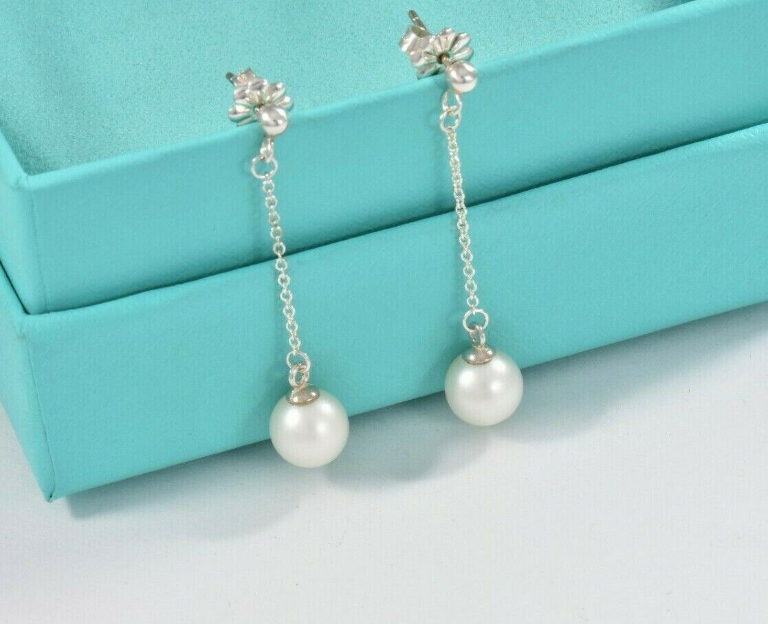 Tiffany & Co Sterling Silver Bead Pearl Drop Earrings in Box Pouch Dangle Rare