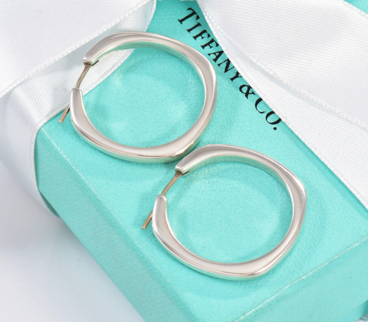 Tiffany & Co Silver Large 29mm Square Cushion Hoop Earrings in Box Pouch Ribbon