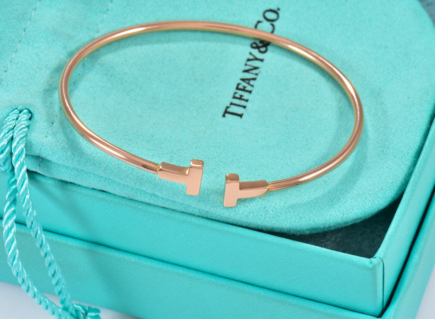 Tiffany & Co 18K Rose Gold Size Small 5.75" Narrow T Wire Bracelet in Box Pouch