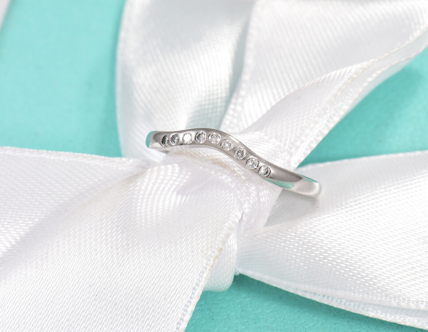 Tiffany & Co Diamond Platinum Elsa Peretti Curved 2mm Band Ring Size 5.5 & Pouch