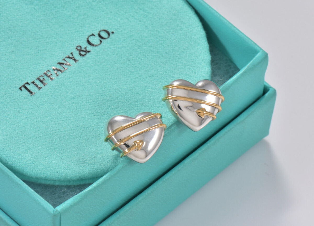 Vintage Tiffany & Co 18k Gold Silver Heart Arrow Puff Stud Earrings in Pouch