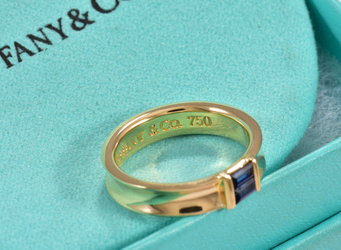 Tiffany & Co 18k Yellow Gold Blue Sapphire Baguette Wide Stack Ring & Pouch Rare