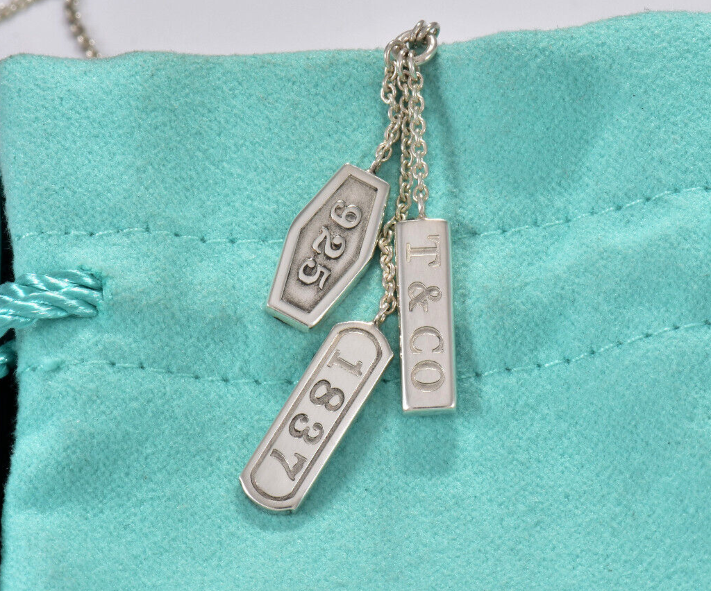 Tiffany & Co Silver 1837 Logo Elements Three Bar Pendant Modern Drop Necklace