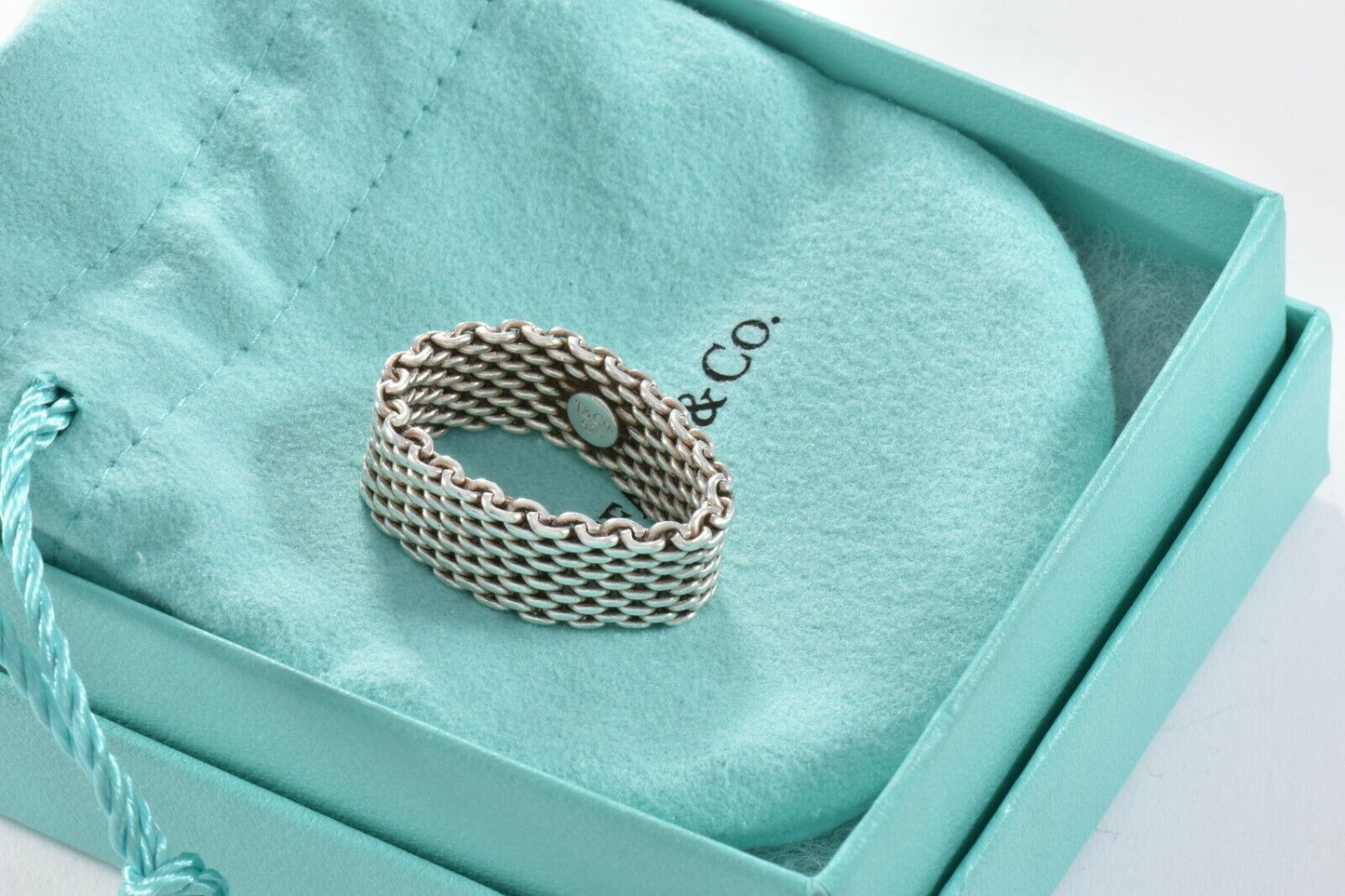 Tiffany & Co Somerset Sterling Silver Mesh Love Ring Sz 6.5 in Box Pouch Lovely