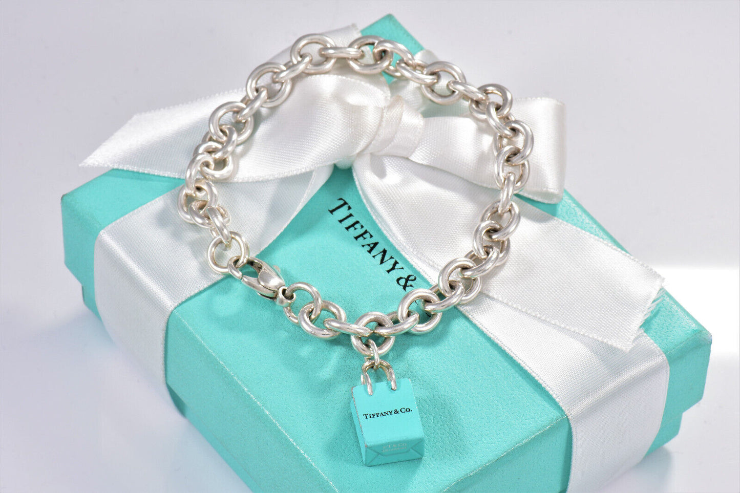 Tiffany & Co Silver Blue Enamel Shopping Bag Charm 7.75" Chain Link Bracelet