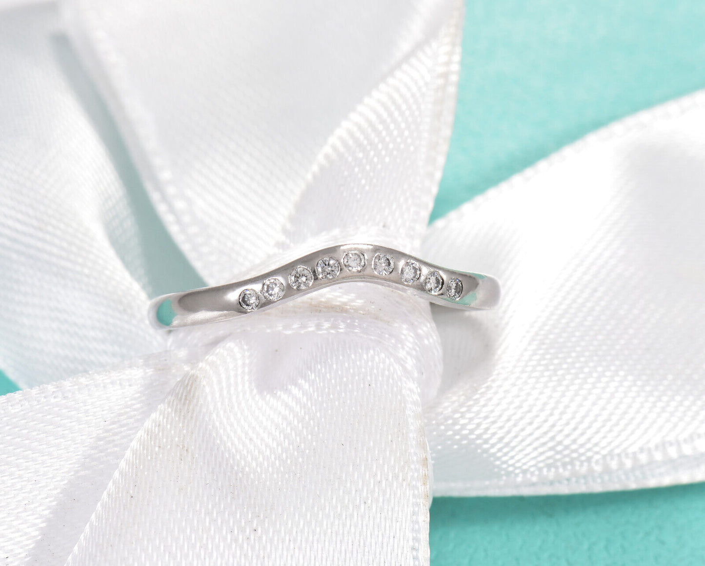 Tiffany & Co Diamond Platinum Elsa Peretti Curved 2mm Band Ring Size 5.5 & Pouch