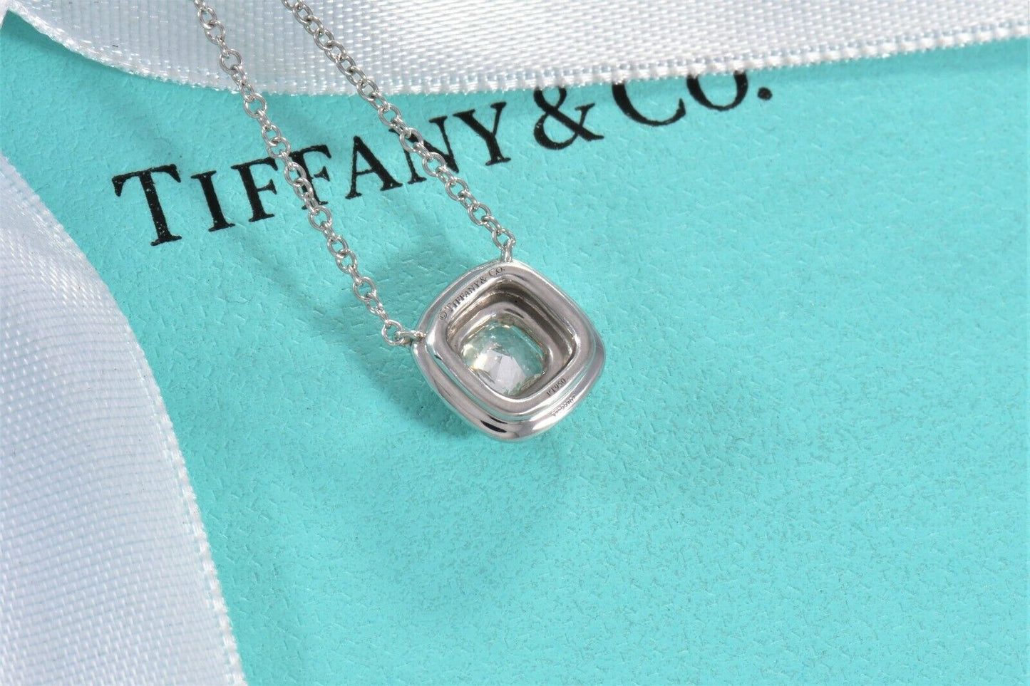 Tiffany & Co Platinum Diamond Soleste Cushion Pave Square Pendant Necklace Boxed