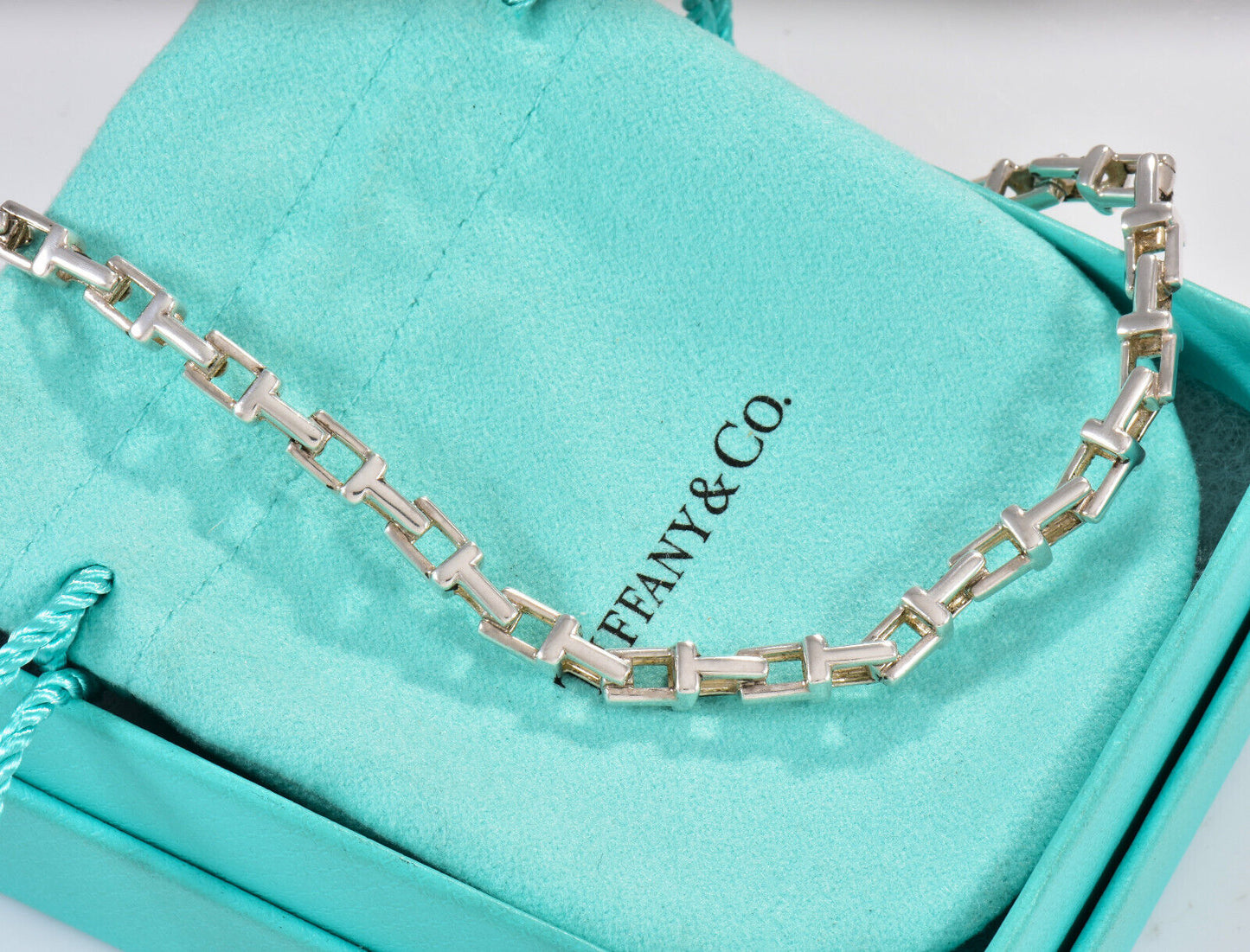 Tiffany & Co Silver Narrow Small T Square Link 20" Necklace in Box Pouch Rare