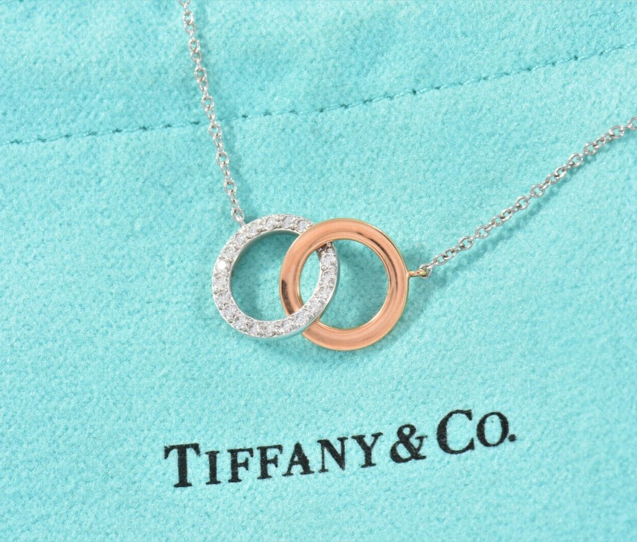 Tiffany & Co Diamond 18k White Rose Gold Interlocking Circles Pendant Necklace