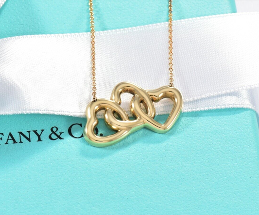 Tiffany & Co 18K Yellow Gold Three Heart Pendant 19" Love Necklace in Box Pouch