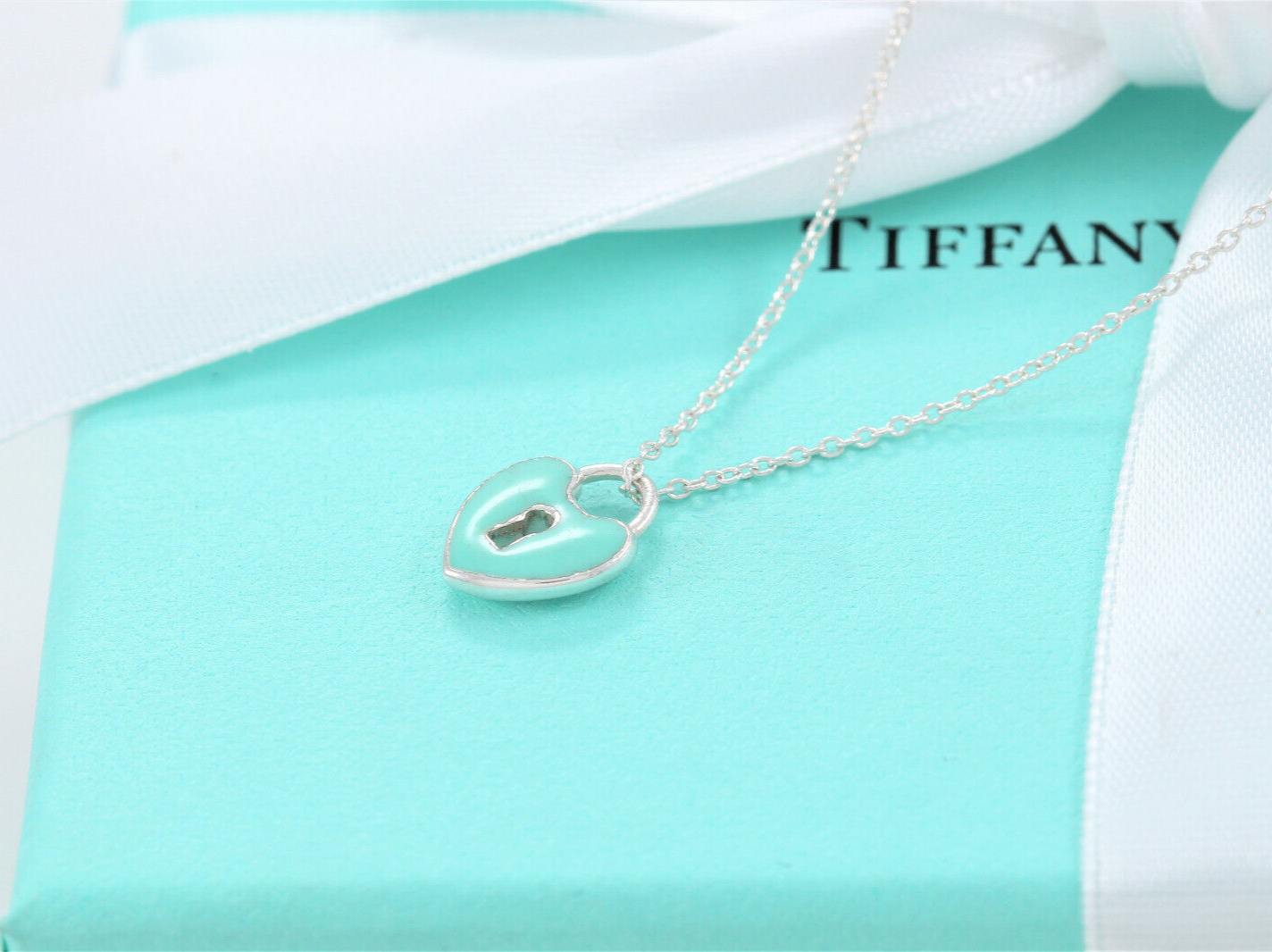 Tiffany & Co Silver Blue Enamel Small Heart Lock 16.5" Necklace in Pouch Keyhole