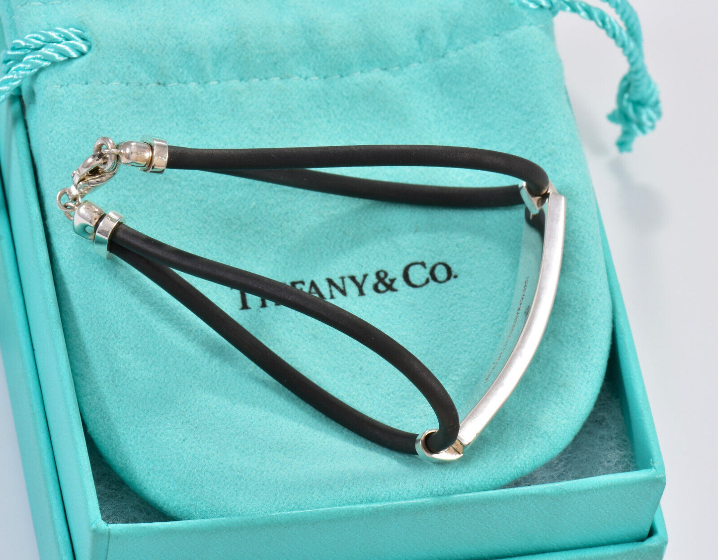 Tiffany & Co Silver Black Enamel Atlas Bar Rubber Surfer Bracelet 7.25" in Pouch