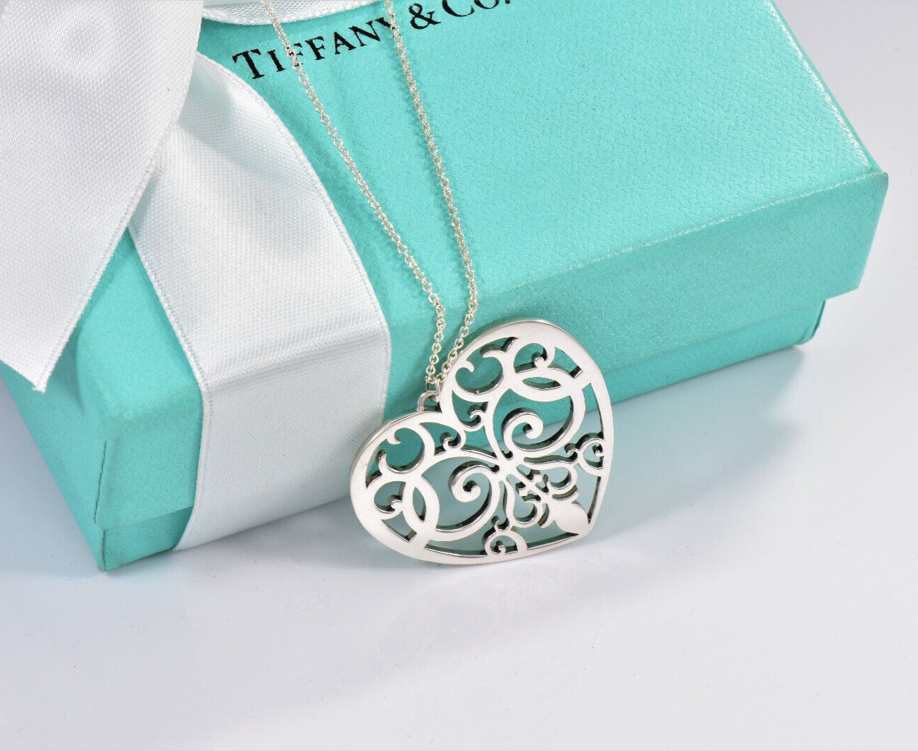 Tiffany & Co Silver Huge 1.25" Enchant Scroll Heart Pendant 30" Necklace & Pouch