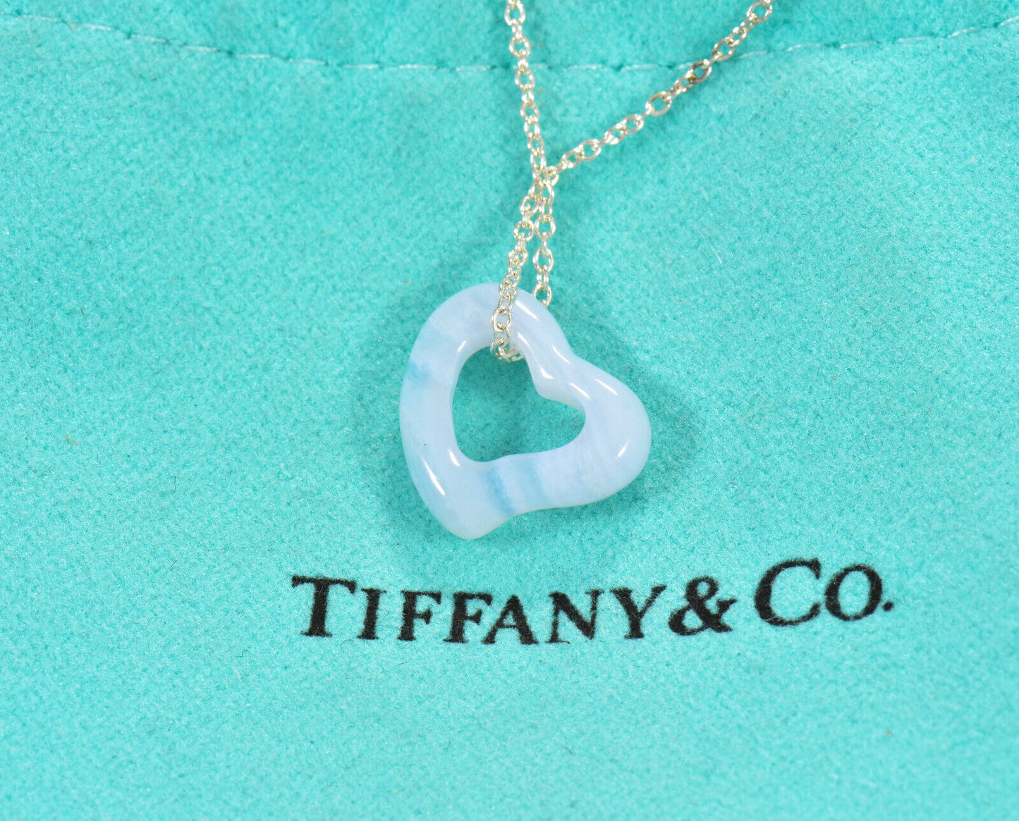 Tiffany & Co Silver Elsa Peretti Blue Agate Gem Open Heart Pendant 18" Necklace