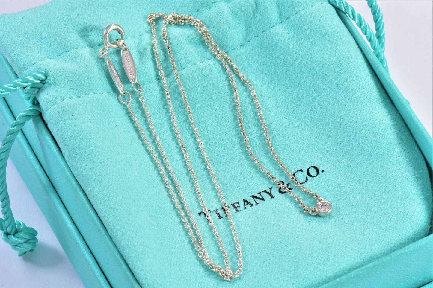 Tiffany & Co Silver Elsa Peretti Diamond By Yard 16" Necklace in Box Pouch .03ct