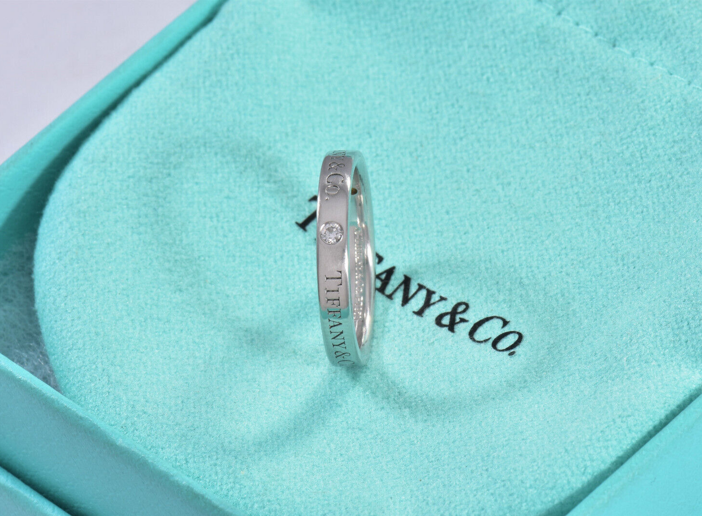 Tiffany & Co Platinum Three Diamond Band 3mm Ring Size 5.5 in Box Pouch Rare