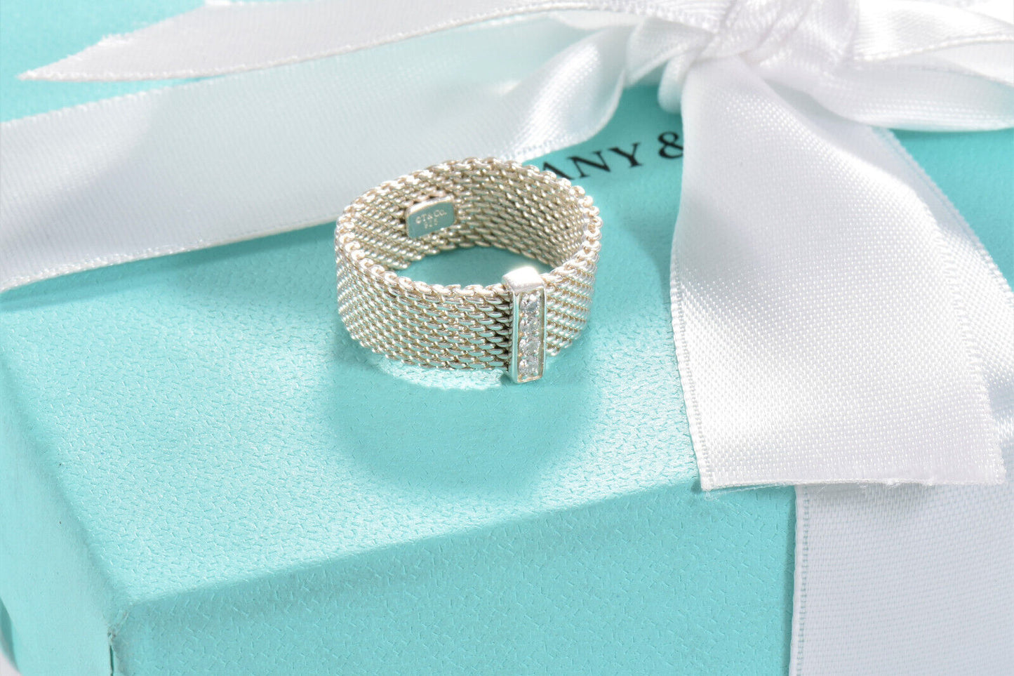 Tiffany & Co Silver 4 Diamond Somerset Wide Firm Mesh Ring Size 5.5 in Pouch