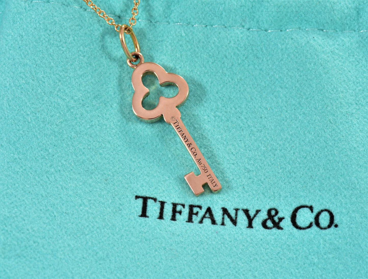 Tiffany & Co Diamond 18K Rose Gold Open Trefoil Key Pendant 16" Necklace in Box