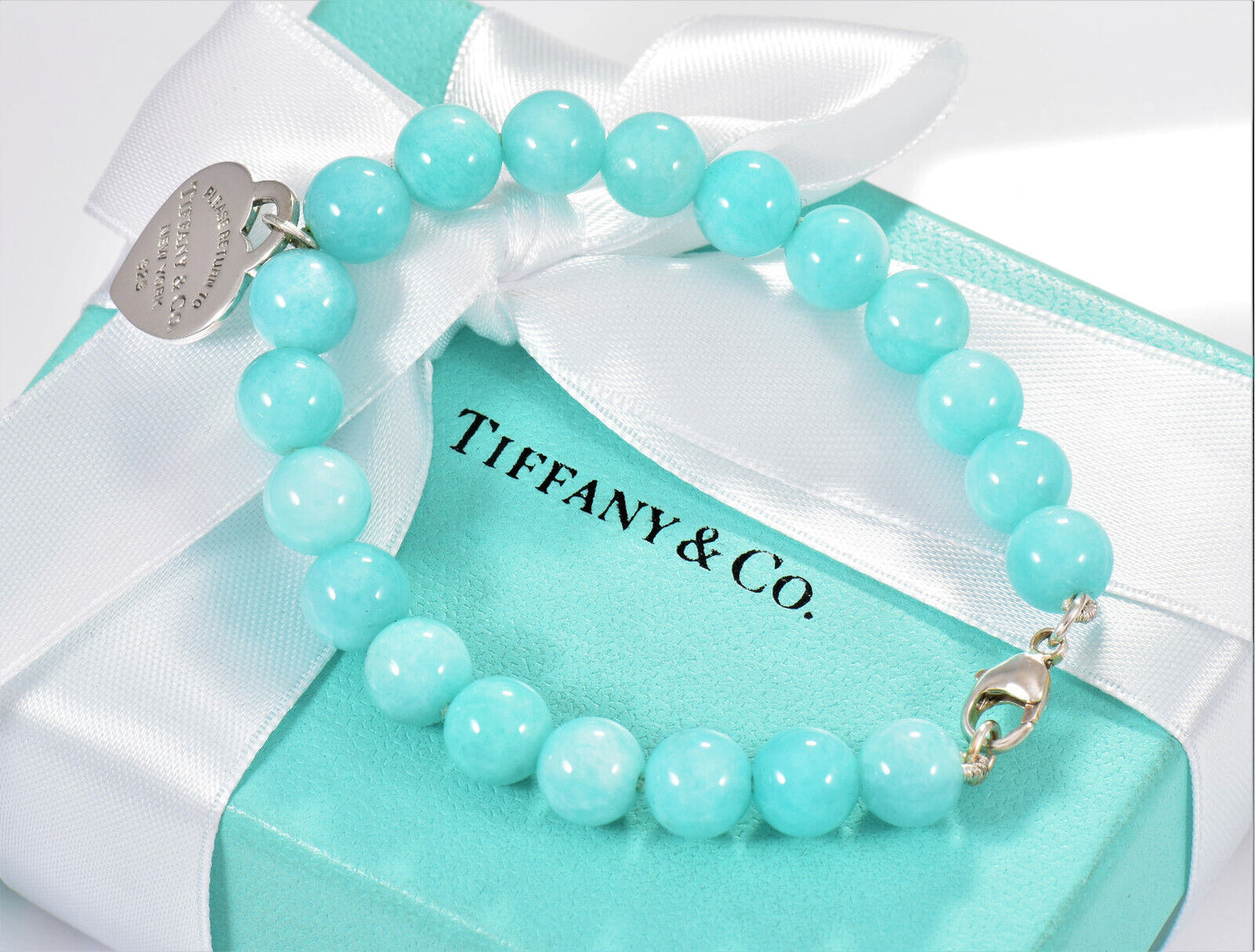 Please Return Tiffany & Co Blue Amazonite Silver Heart 8mm Bead 7.25" Bracelet