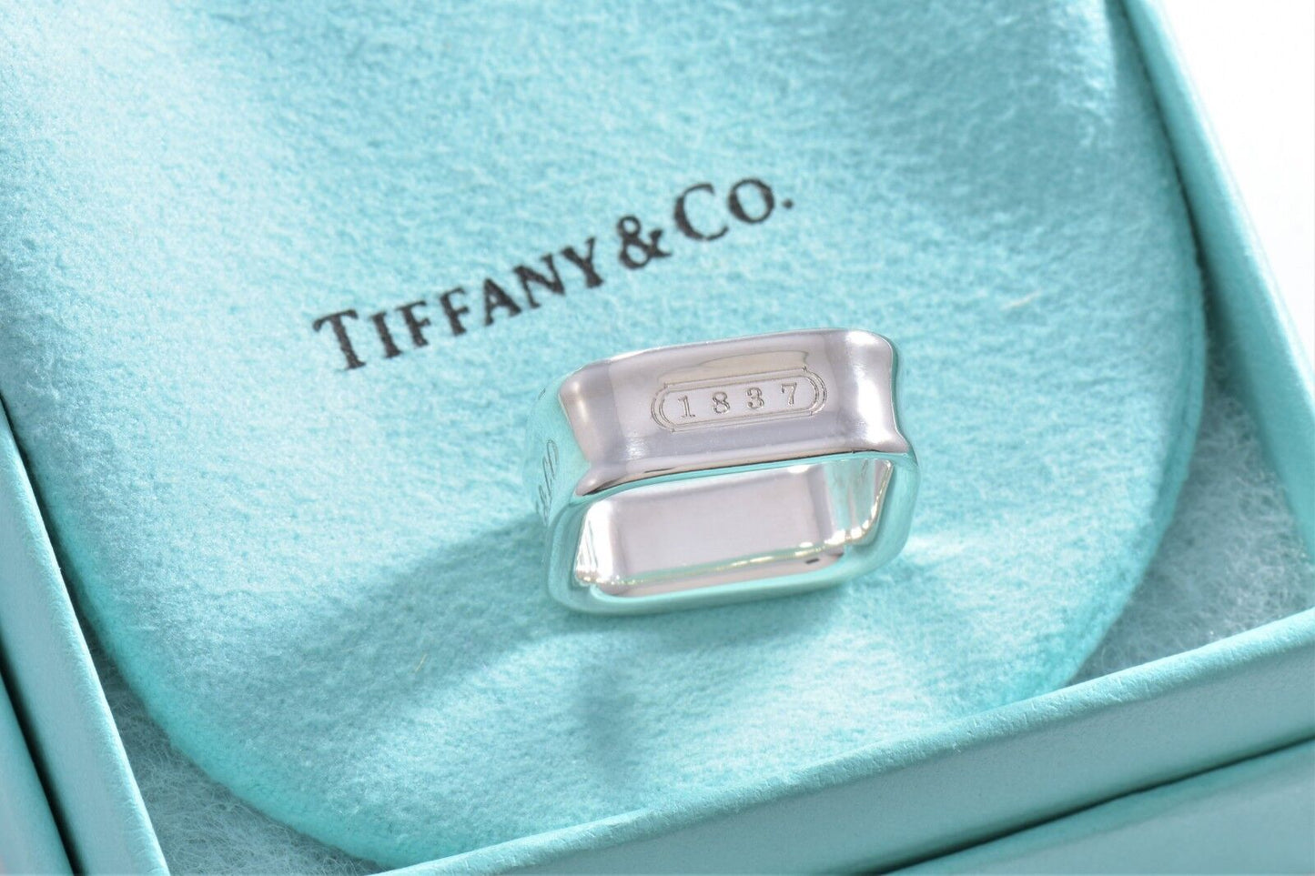 Tiffany & Co 1837 Sterling Silver Square Wide Band Ring Size 5 in Pouch Rare