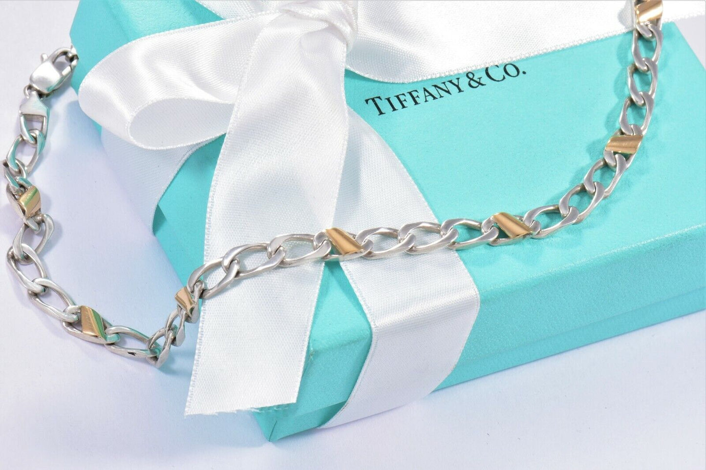 Tiffany & Co Sterling Silver 18K Gold Figaro Necklace 16.25" Cuban Link 22 Grams