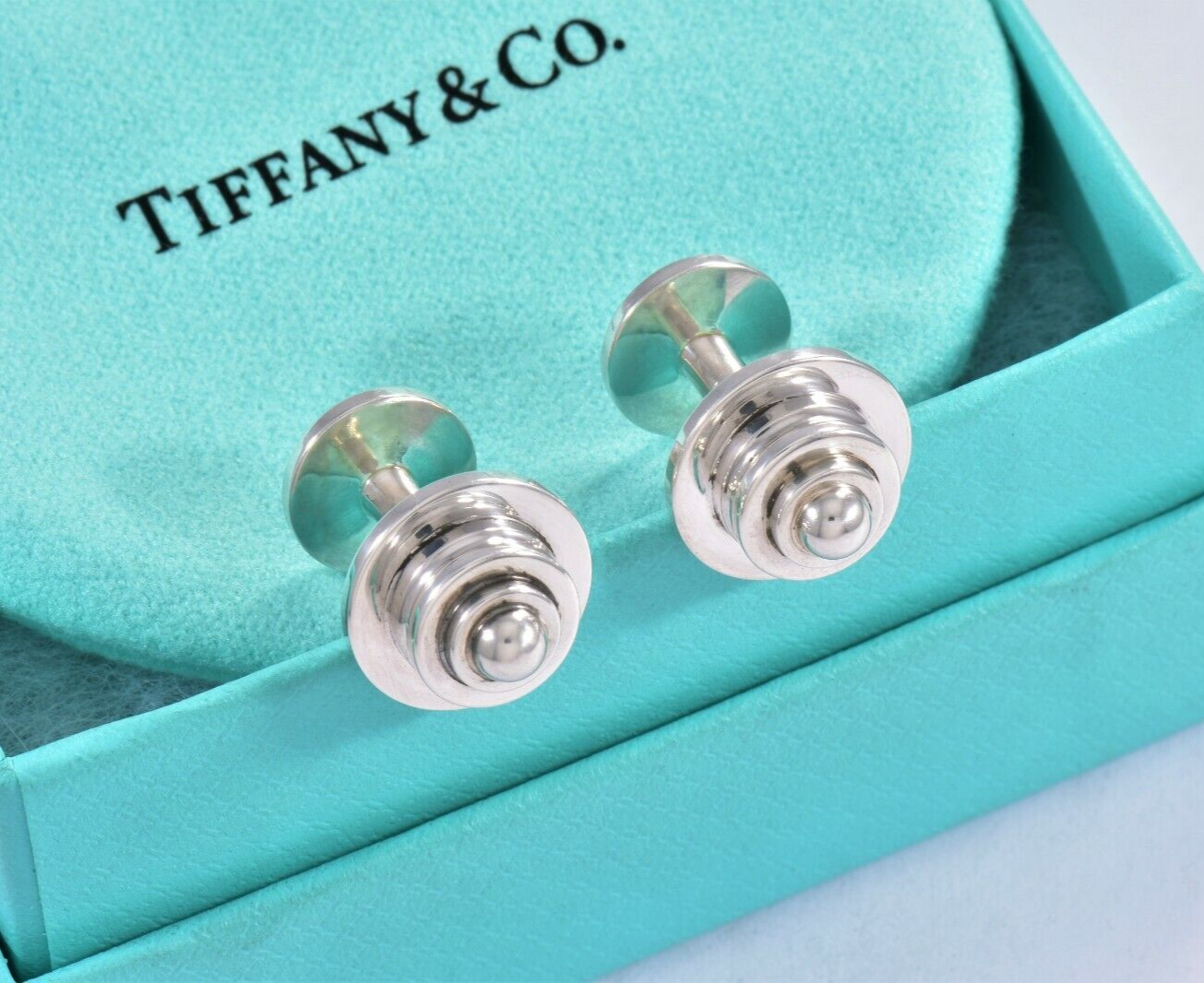 Tiffany & Co Silver Picasso Stack Tiered Barbell Cufflinks in Pouch Men's Suit