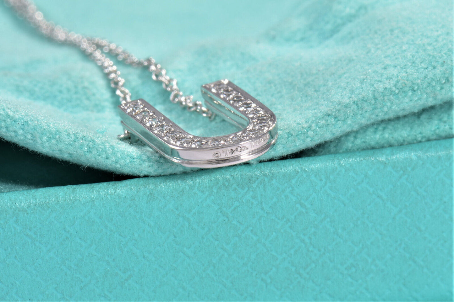 Tiffany & Co Platinum Diamond Large Letter U Pendant 16.5" Necklace In Box Pouch