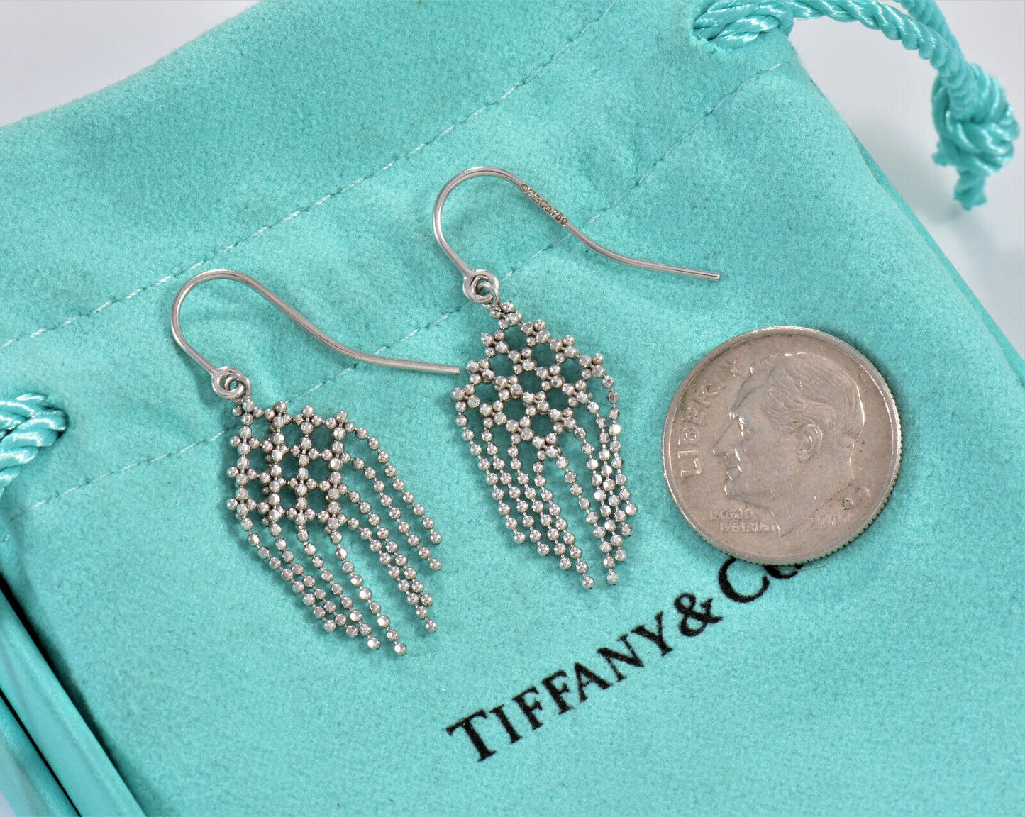 Tiffany & Co 18K White Gold Fringe Flower Hook Drop Earrings Boxed Dangle Gatsby