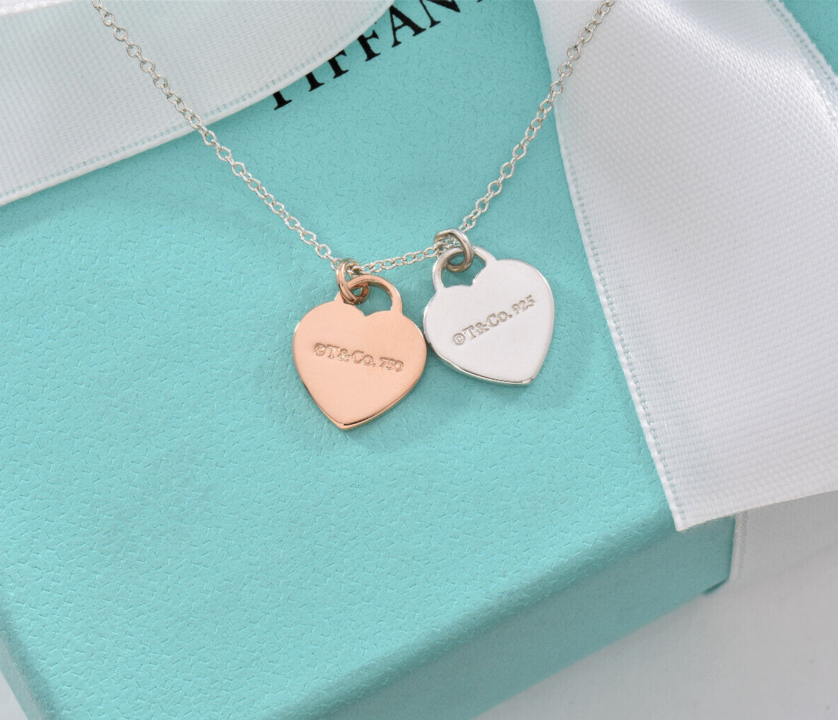 Return Tiffany & Co 18K Rose Gold Silver Mini Double Heart 16" Necklace in Box