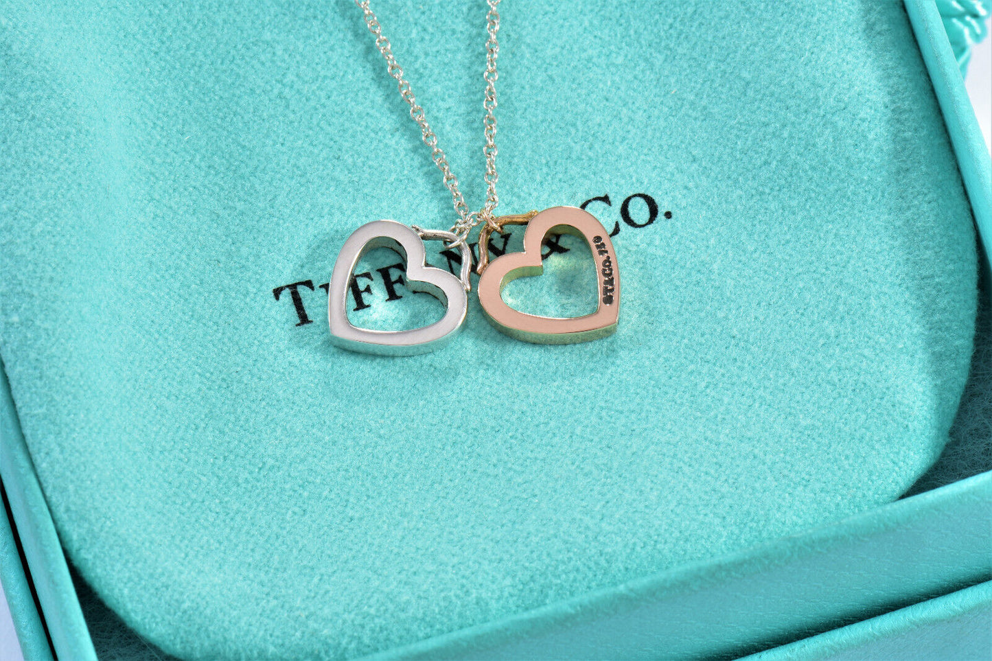 Tiffany & Co 18K Gold Silver Sentimental Heart Two Pendant 16.25" Necklace Boxed