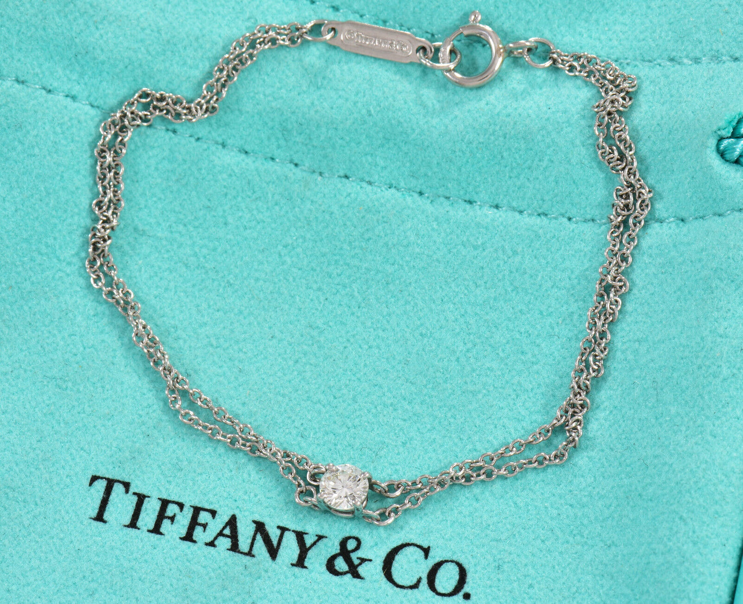 Tiffany & Co .17 ct Diamond Solitaire Platinum Double Chain Bracelet & Box Pouch